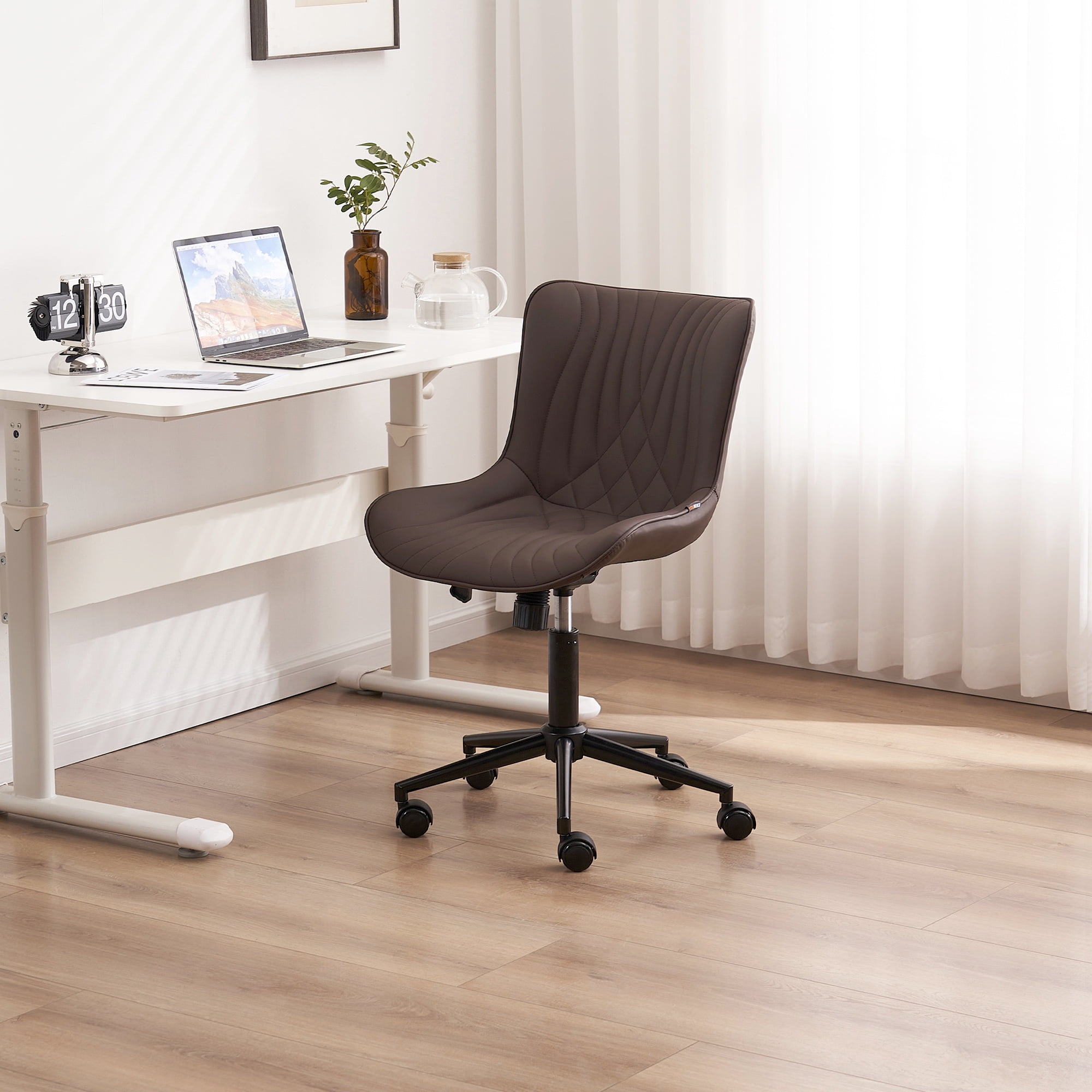 YOUNIKE Modern Office Chair with Wheels Adjustable Ergonomic Desk Task Chair in Mid-Back Brown PU Design