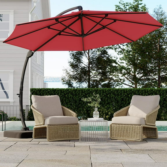 Danolapsi 11FT Outdoor Large Round Aluminum Offset Umbrella With Base Included, Cantilevers Outdoor Umbrella Heavy Duty Offset, Aluminium Curved Cantilever Umbrella