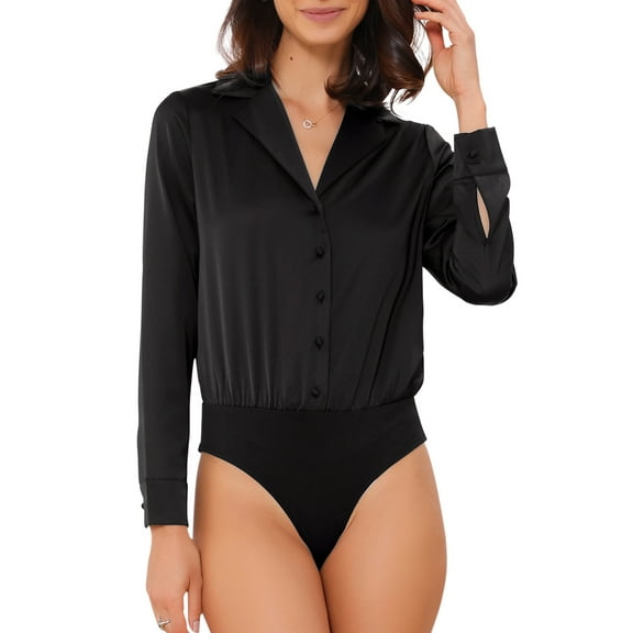DARING DIVA Satin Bodysuit Button Up Long Sleeve Shirt XS Black