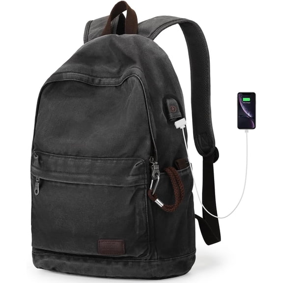 Muzee 21L Canvas Anti-Theft Laptop Backpack with USB Charging Port, Fits 15.6-Inch Laptop, Black