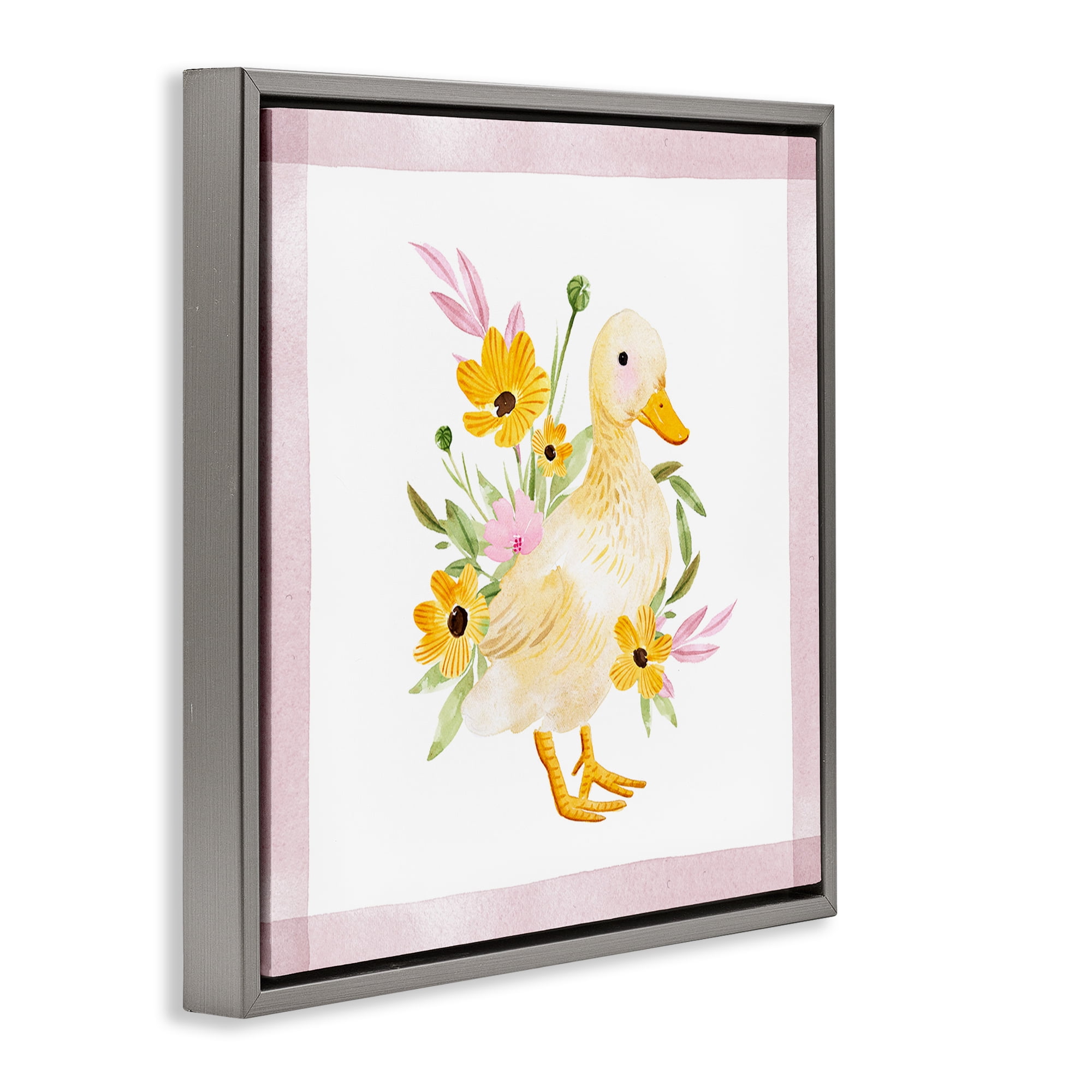 Stupell Industries Duck & Yellow Daisies Animals & Insects Painting Gray Floater Framed Canvas Art Print Wall Art, 18 x 18