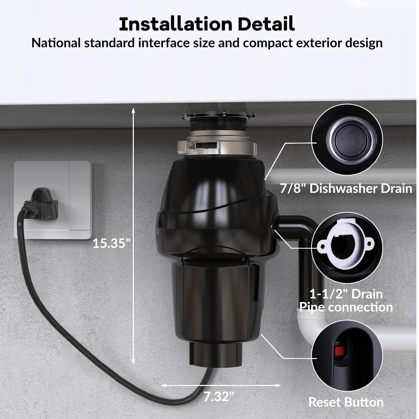 Garbage Disposal, Food Garbage Disposal with Power Cord, Stainless Steel Grinding System, Continuous Feed Compact Garbage Disposals (1/2 HP (Matte Black))