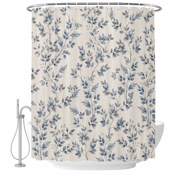 Extra Long Shower Curtain 72x84 Inch, Navy Blue Leaves Shower Curtain Waterproof Bathroom Decor, Vintage Summer Botanical Farmhouse Rustic Fabric Bath Curtain Set Accessories with Hooks