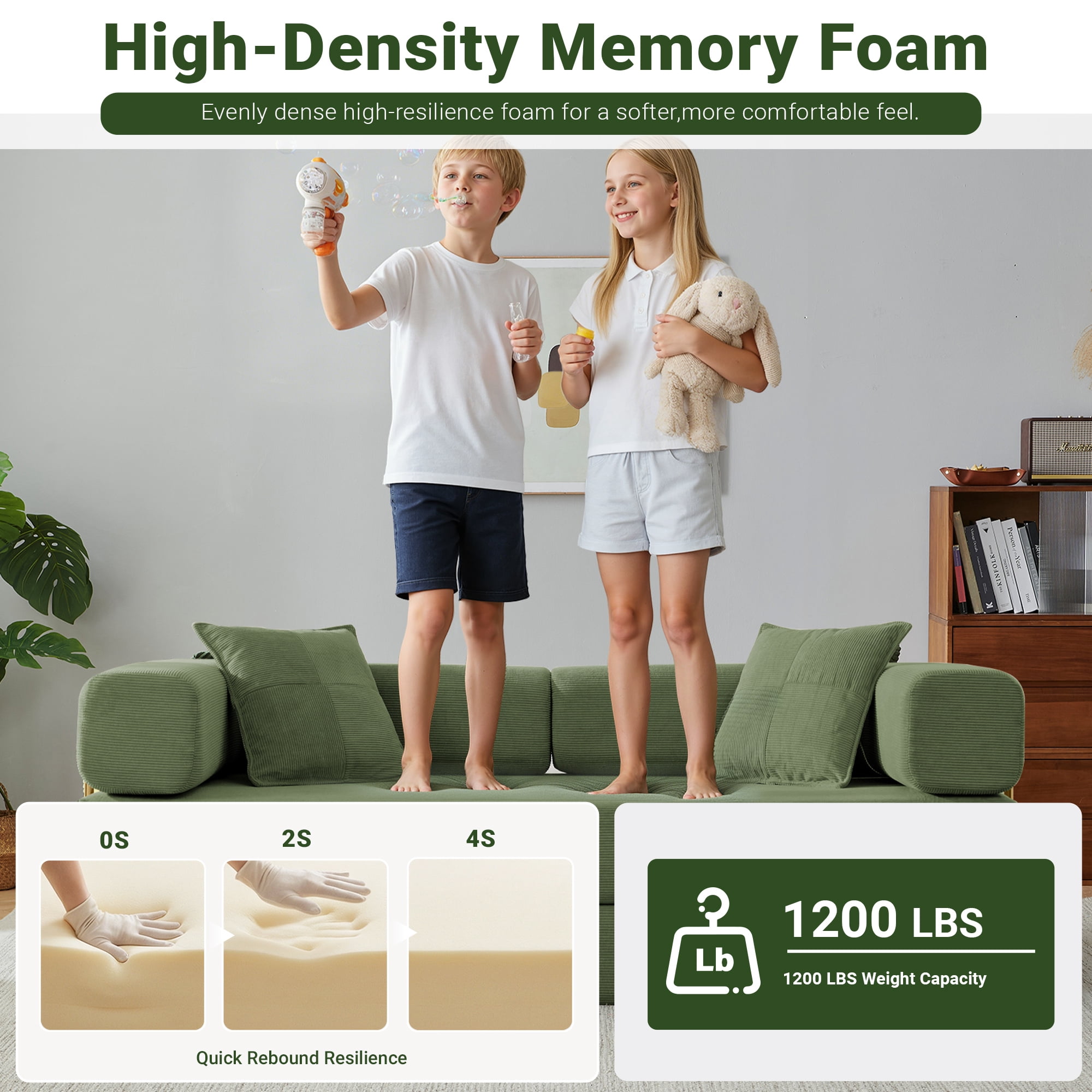 Vanress 79" Convertible Sofa Bed, Folding Sleeper Sofa Couch Bed with Fixed-Shape Frame, Fold Out Sleeper Loveseat, Corduroy Boneless Futon Bed, No Assembly Required for Living Room & Bedroom, Green