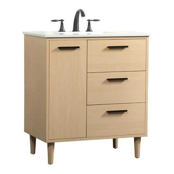 Maklaine Contemporary 30" Solid Wood and MDF Bathroom Vanity in Maple