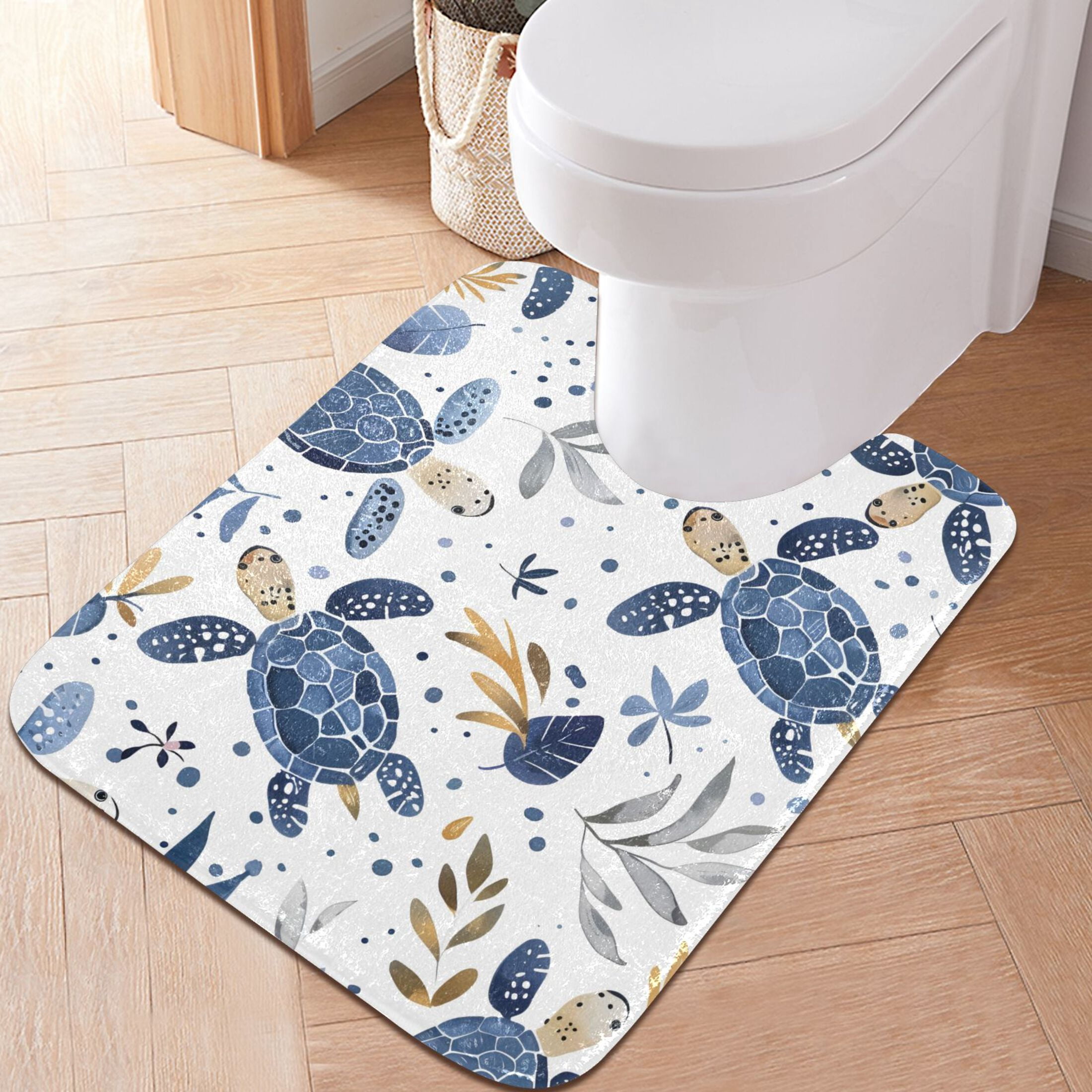 Toilet Rug Set Non-Slip Bathroom Rugs Soft Plush Machine Washable Contour Bath Mat Turtle with Seaweed 24x20/24x16