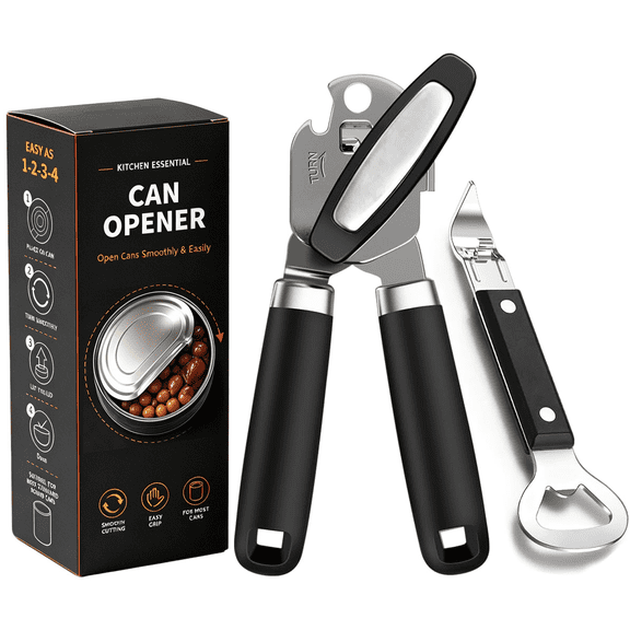 2 Pack Manual Can Opener Set, Magnetic Can Opener for Fridge Storage with Easy Turn Knob, Heavy Duty Bottle Opener & Can Punch Tool for Kitchen, Camping, RV