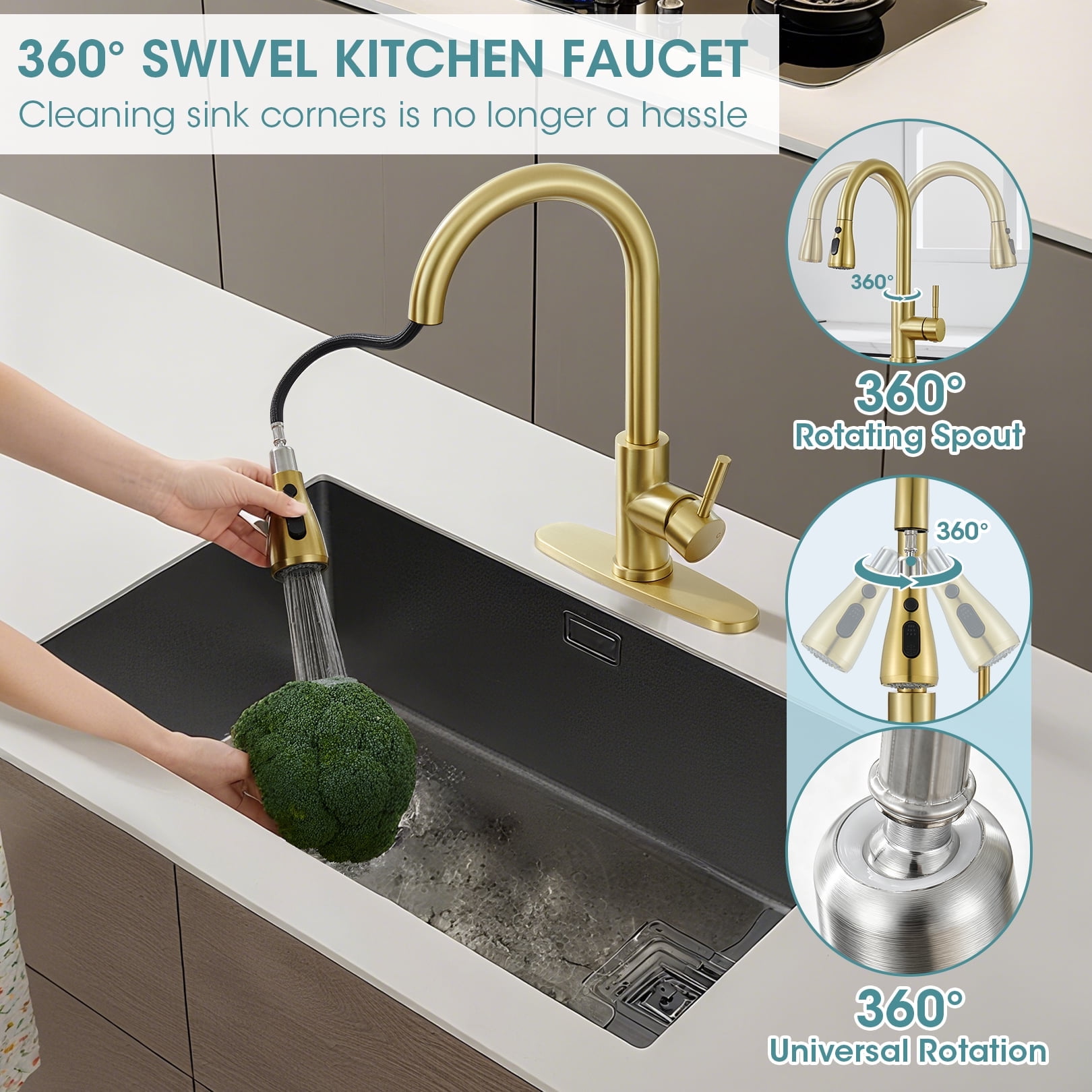 Wowkk Sanitary Ware Kitchen Sink Faucet with Pull Down Sprayer, Single Handle SUS304 Stainless Steel Kitchen Faucets with Deck Plate to Cover 1 or 3 Holes for Bar, Laundry, Brushed Gold