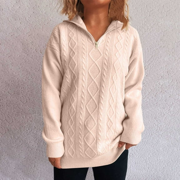 Ounisa Women's Zipper Pullover Sweaters Long Sleeve Knitted Loose Fall Polo V Neck Dressy Jumper Tops Coats Solid Color Sweatshirts