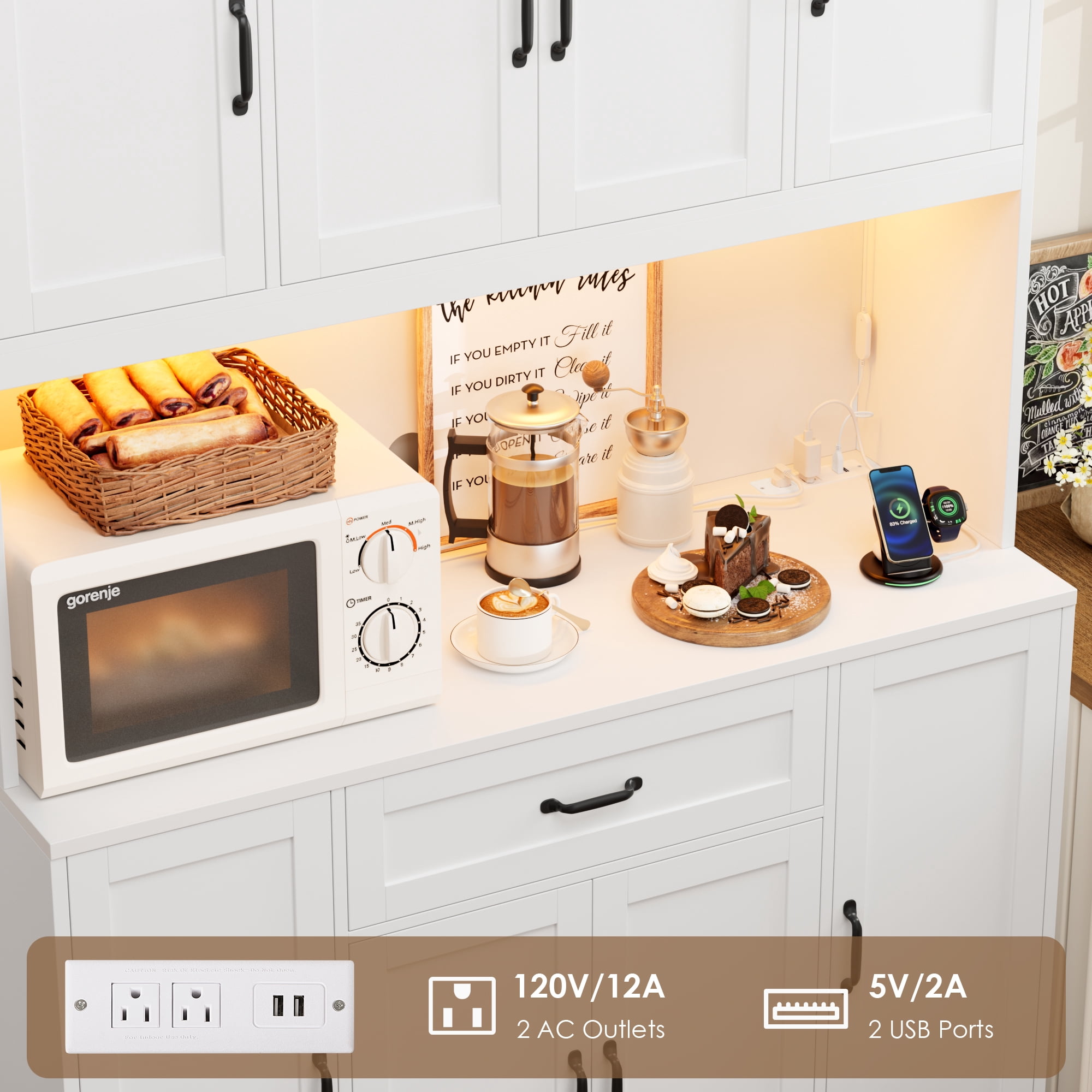 Homfa 70'' Tall Kitchen Pantry Cabinet with Charge Station & Led Light, 8 Door Hutch Storage Cabinet with Storage Drawer & Adjustable Shelves & Microwave Stand, White