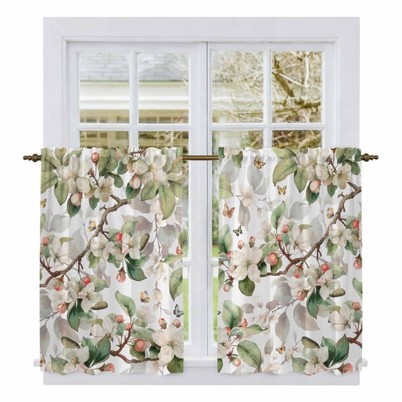 Spring Floral Tier Curtains, Green Botanical Flowers Watercolor Light Filtering Kitchen Curtains, 2Pcs Rod Pocket Half Window Treatments Panels for Sink Cafe Cabinet Basement 27.5x45 Inches