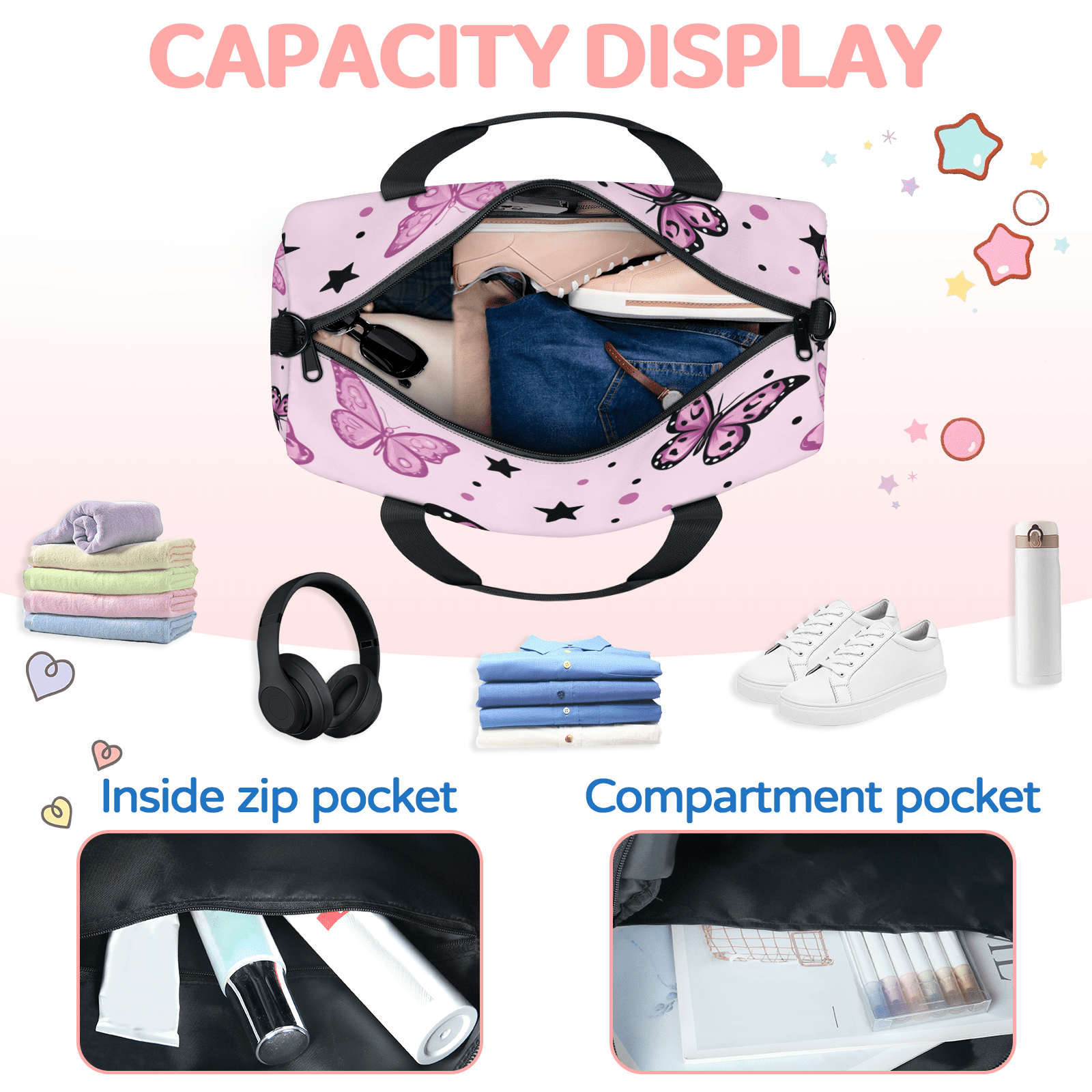 Herdesigns Butterfly Travel Duffle Bag Sports Yoga Weekender Overnight Carry on Workout Bags Lightweight Waterproof Gym Tote Bag for Women Pink