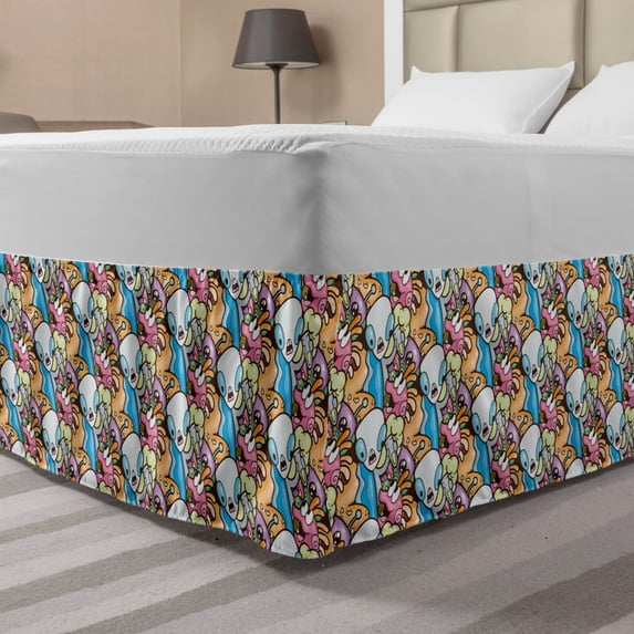 Alien Bed Skirt, Repetitive Funny Layout of Humorous Graphic Characters Space Journey, Elastic Bedskirt Dust Ruffle Wrap Around for Bedding Decor, 4 Sizes, Deep Sky Blue Multicolor, by Ambesonne