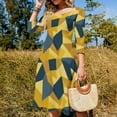thumbnail image 4 of Abstract Yellow Blue Geometric Pattern Women's 3/4 Sleeve Dresses Elegant A-Line Midi Dress Flare Summer Casual Sundress, 4 of 9
