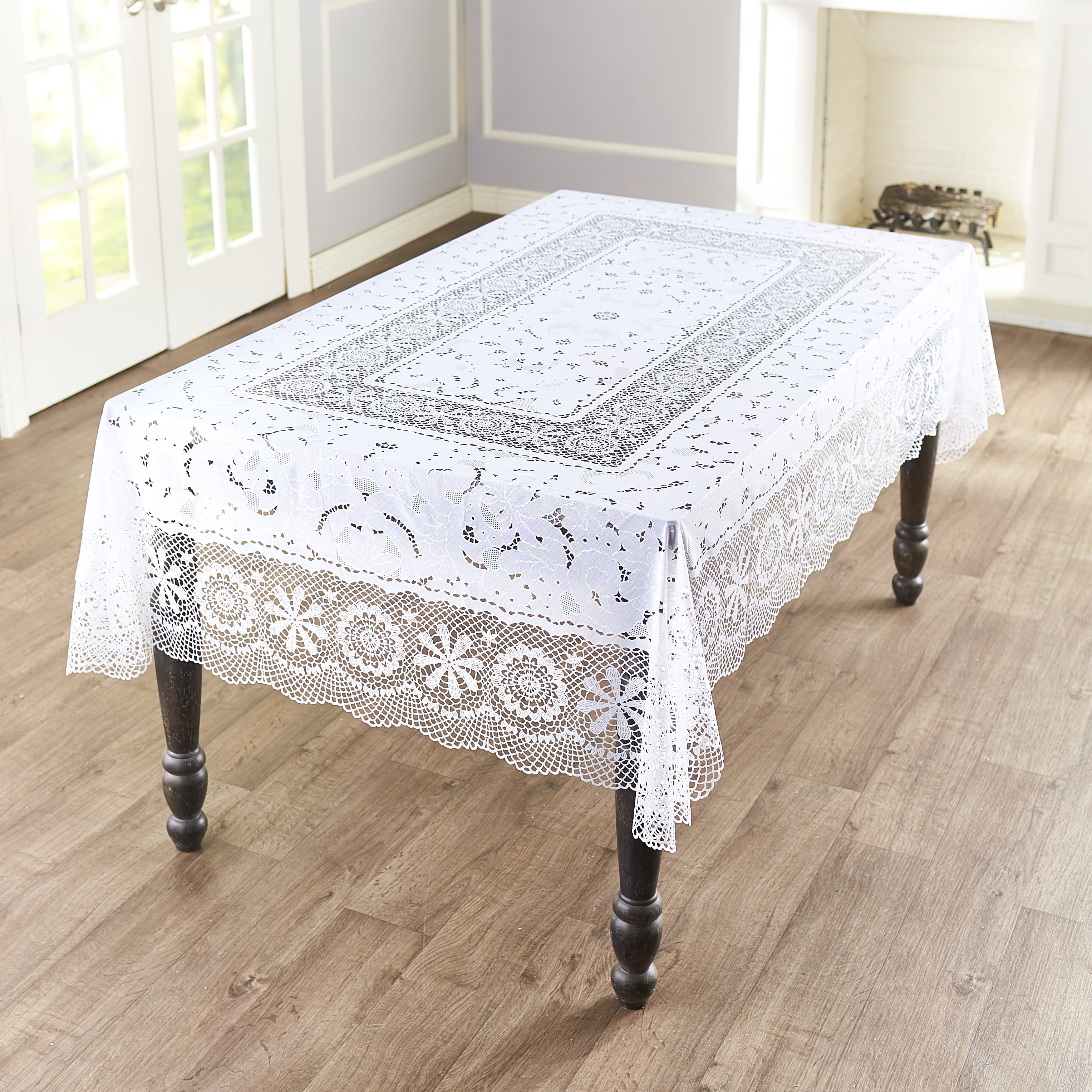 Vinyl Lace Tablecloth with Elegant, Vintage Floral Design - Rectangular