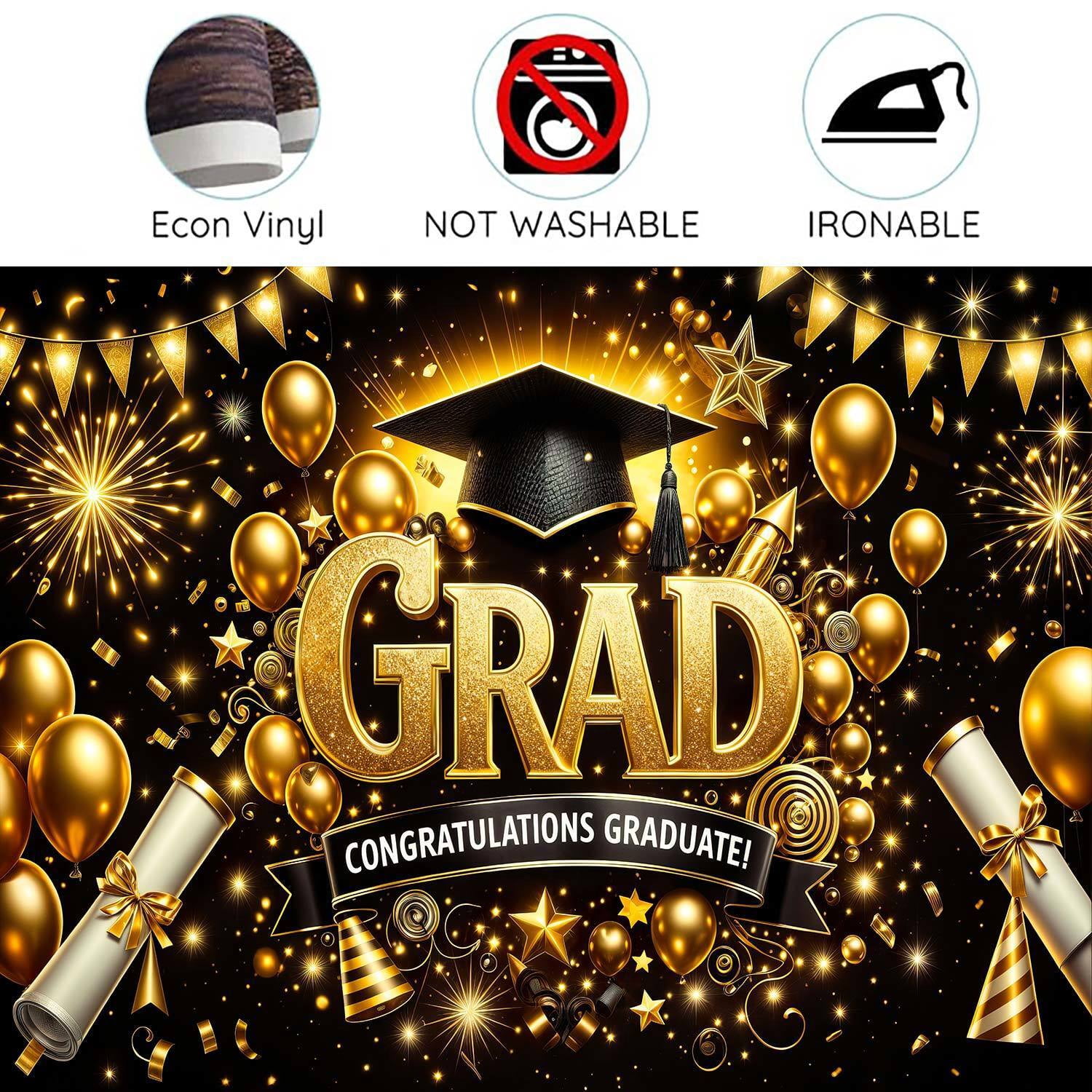 9x6ft Black and Gold Graduation Photography Backdrop, Congratulations Graduate Photo Booth Background with Cap Diploma Balloons, 2026 Grad Party Decor for High School College Graduation Supplies