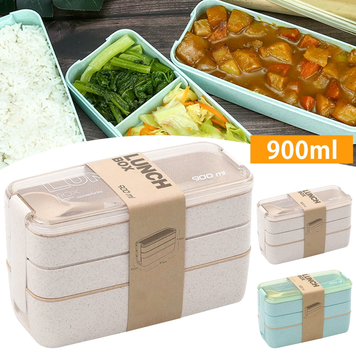 WQJNWEQ Clearance Stackable Bento Box,Lunch Box Kit With Spoon & Fork,  3-In-1 Compartment Whea-t Straw Meal Prep Containers,Leakproof Eco-Friendly