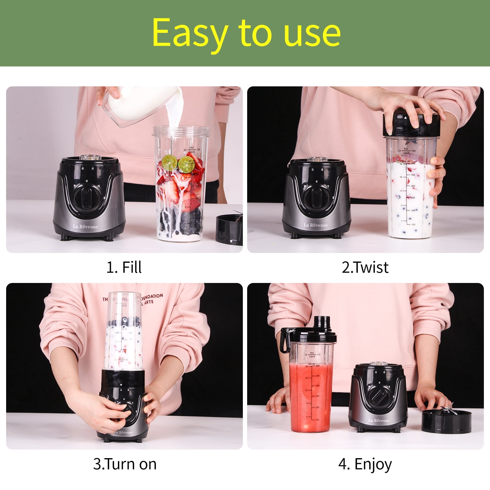 La Reveuse Personal Size Smoothies Blender 300 Watts with 24 oz BPA Free Portable Travel Sports Bottle (Grey)