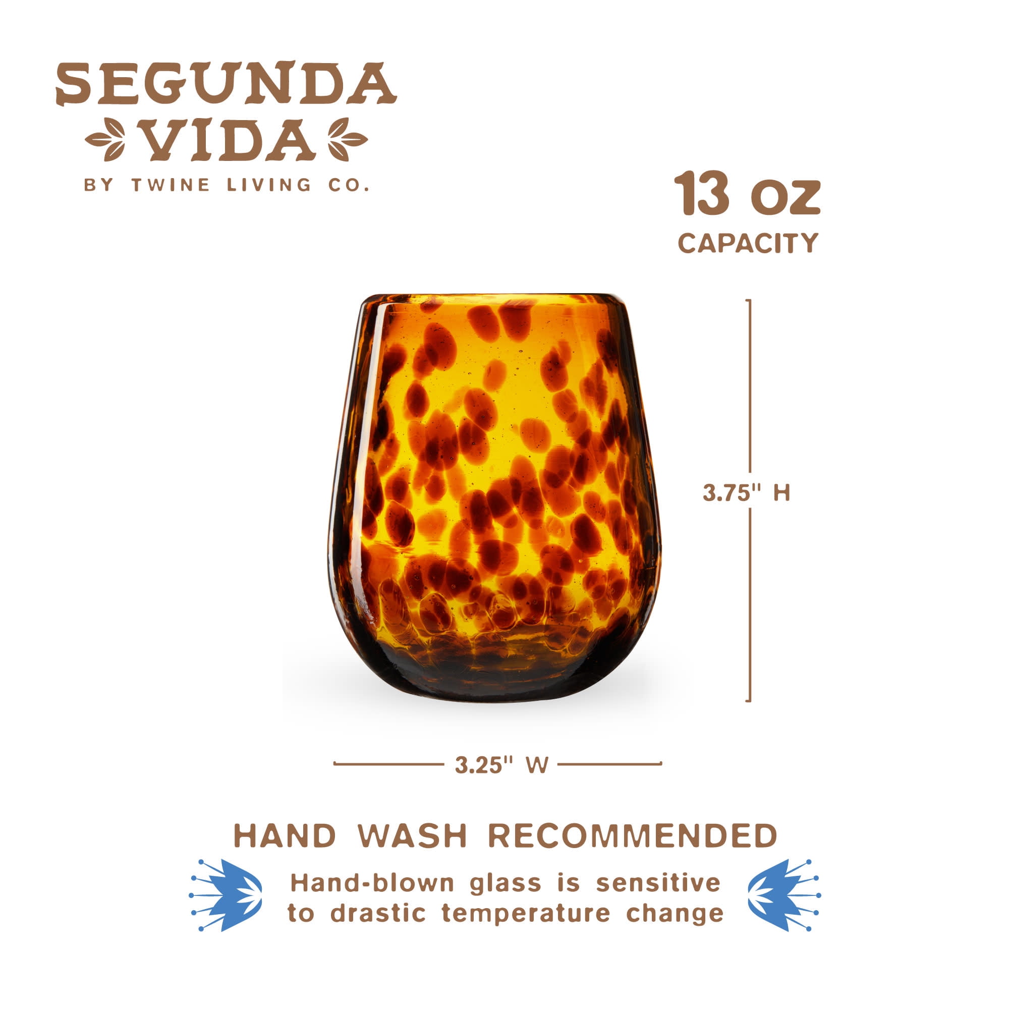Segunda Vida Tortuga Stemless Wine Glasses, Made in Mexico, 13oz Set of 2