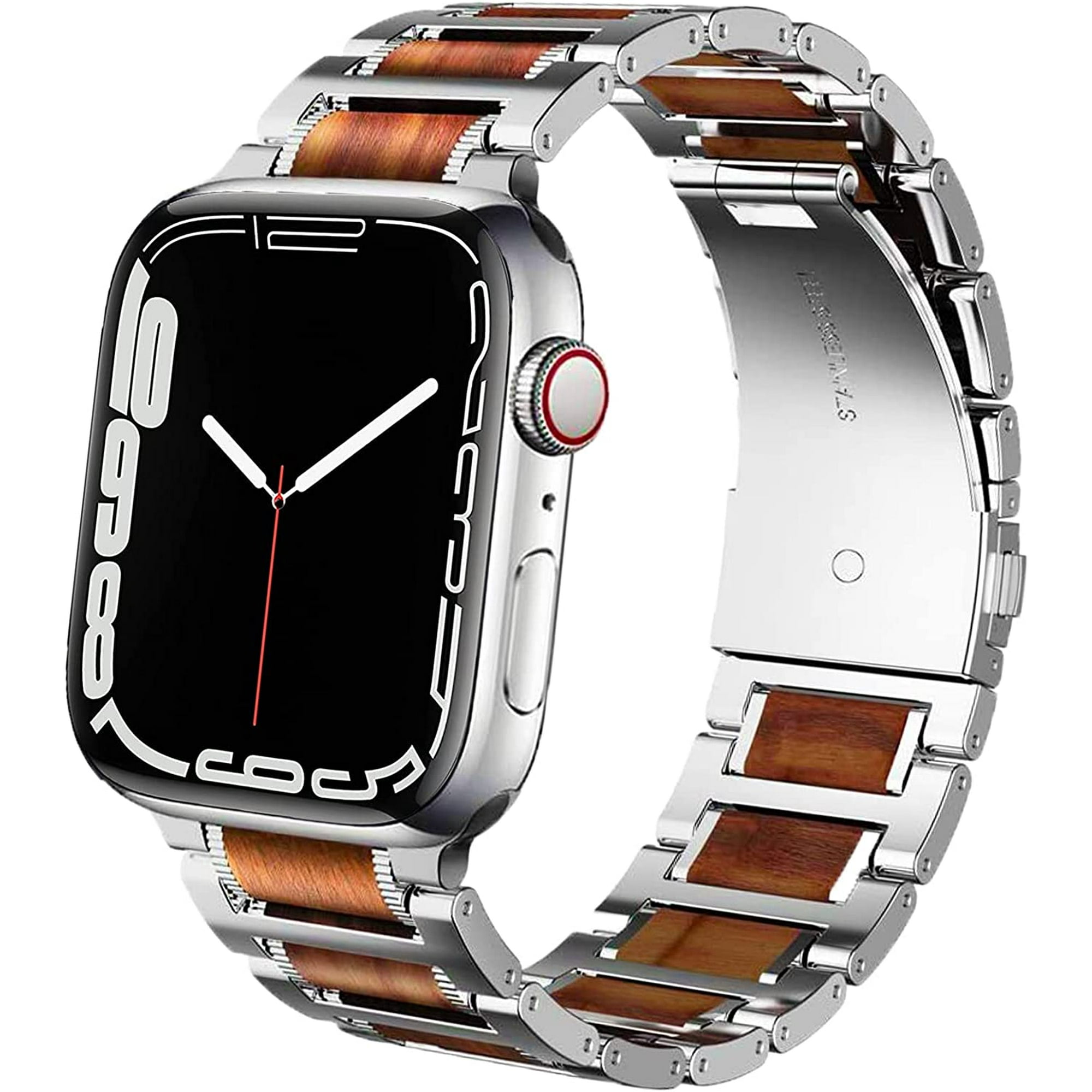 Compatible with Apple Watch Band 38mm 40mm 41mm 42mm 44mm 45mm Natural Wood Red Sandalwood Stainless Steel Metal Link Bracelet Strap Band for Apple Watch Series 7 6 5 4 3 2 1 SE Walmart