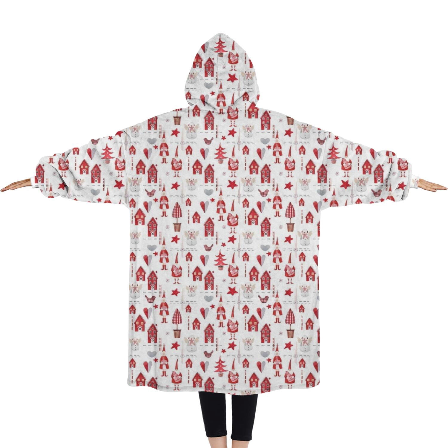Oversized Wearable Blanket Hoodie,Red Christmas House and Tree Pattern Sherpa Blanket Hoodie with Super Pockets,Super Warm Fuzzy Pullover for Women & Men