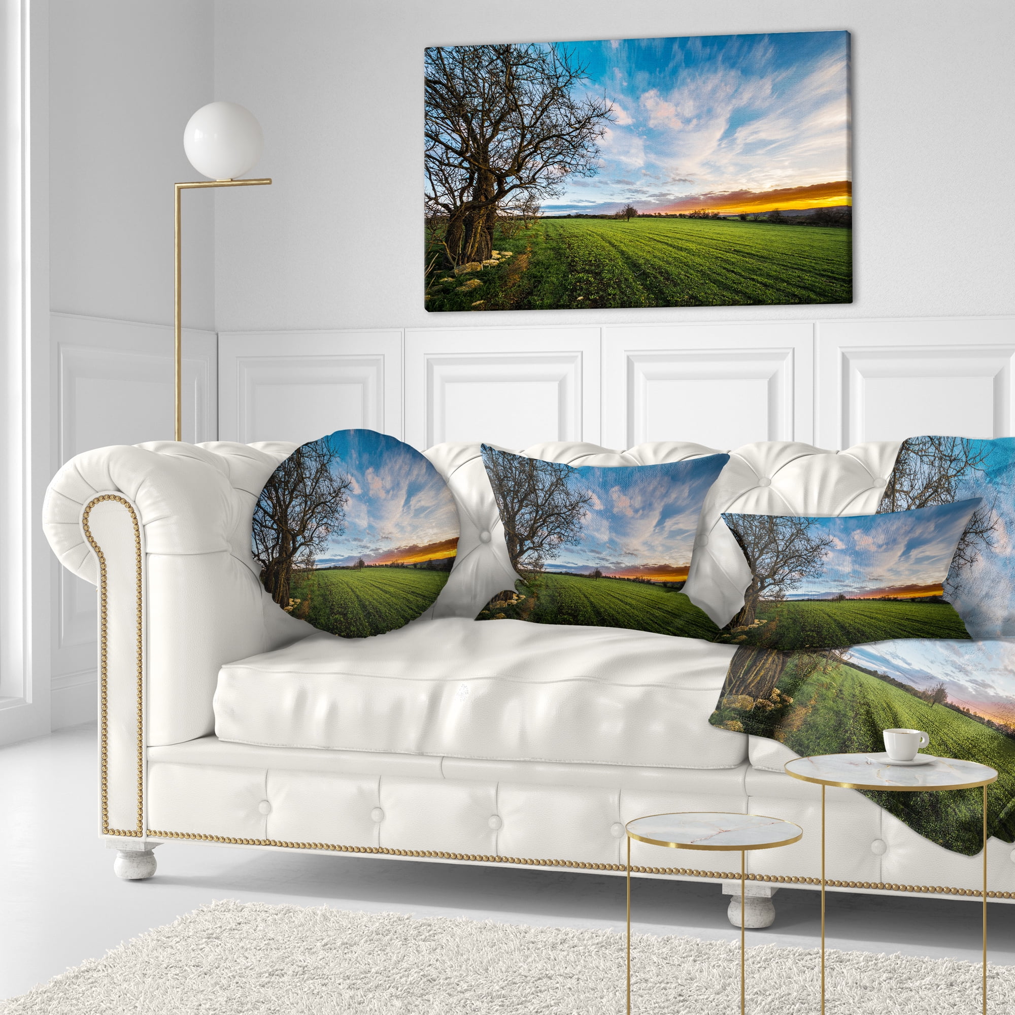 Designart Green Pasture under Blue Sky - Landscape Printed Throw Pillow - 12x20