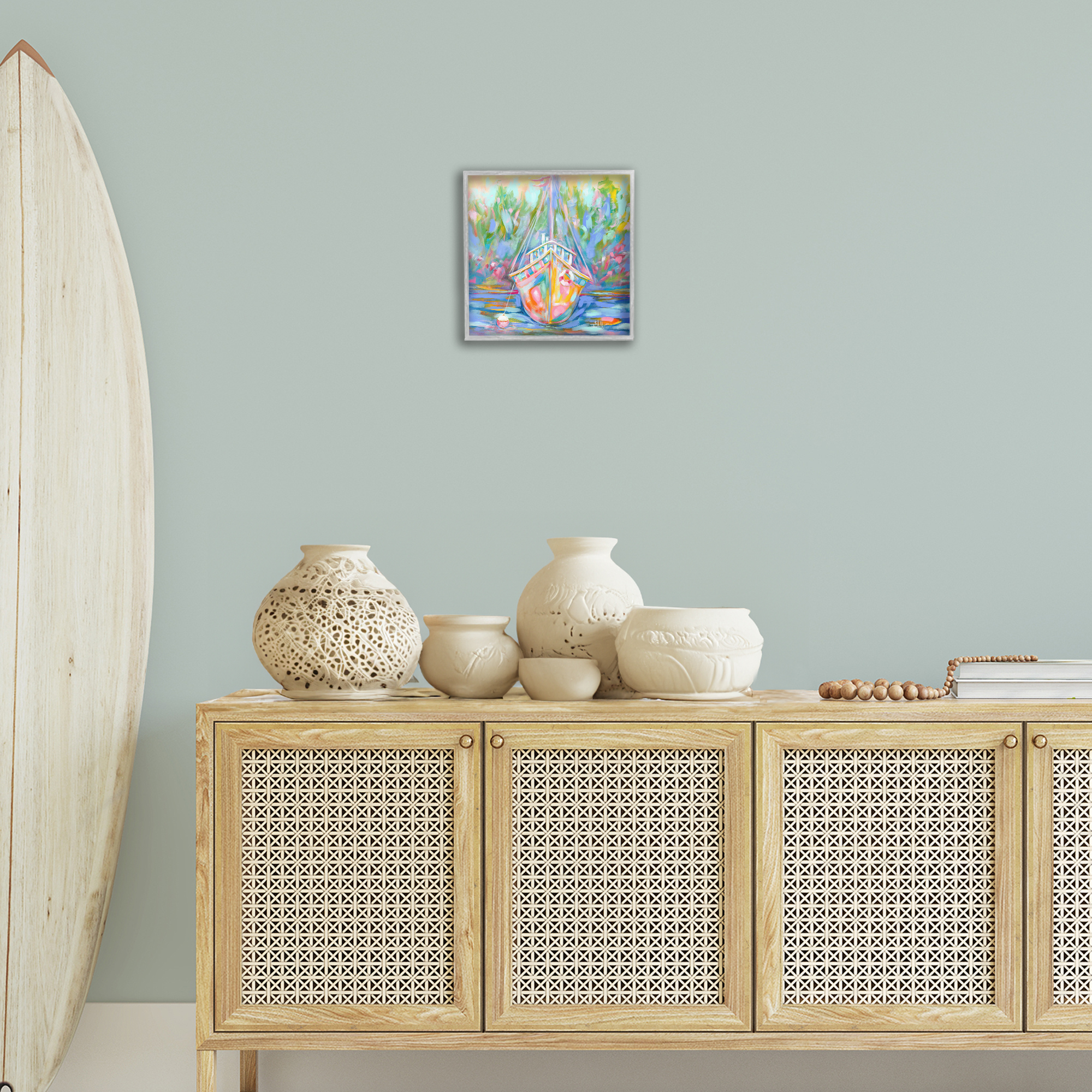 Stupell Industries Boat In Waiting Transportation Painting Gray Framed Art Print Wall Art, 12 x 12