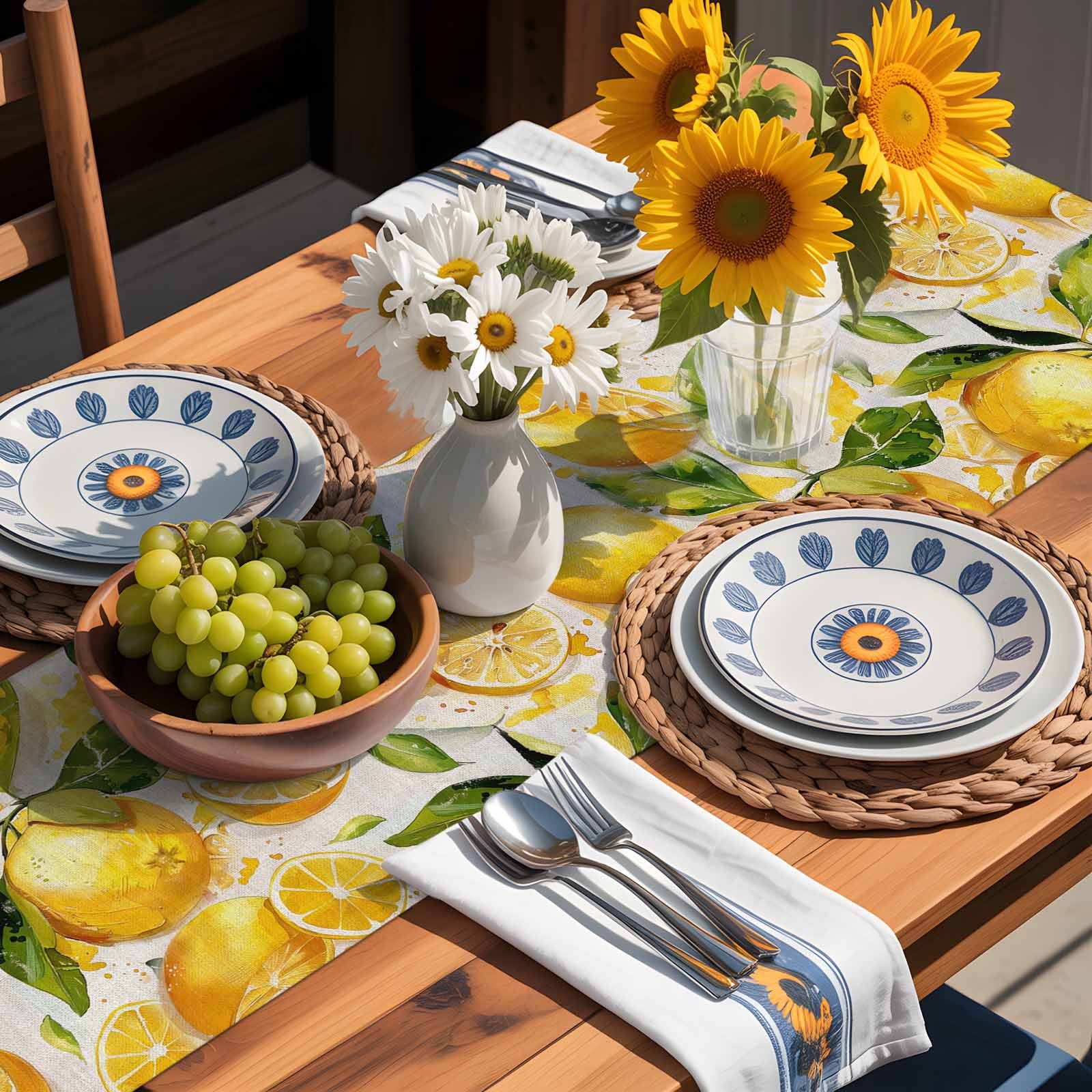 Yellow Lemon Watercolor Leaves Table Runner 90 Inches Long, Farm Fruit Harvest Table Runners Tabletop Scarf Kitchen Dining Tables Decoration for Home Party Indoor Outdoor
