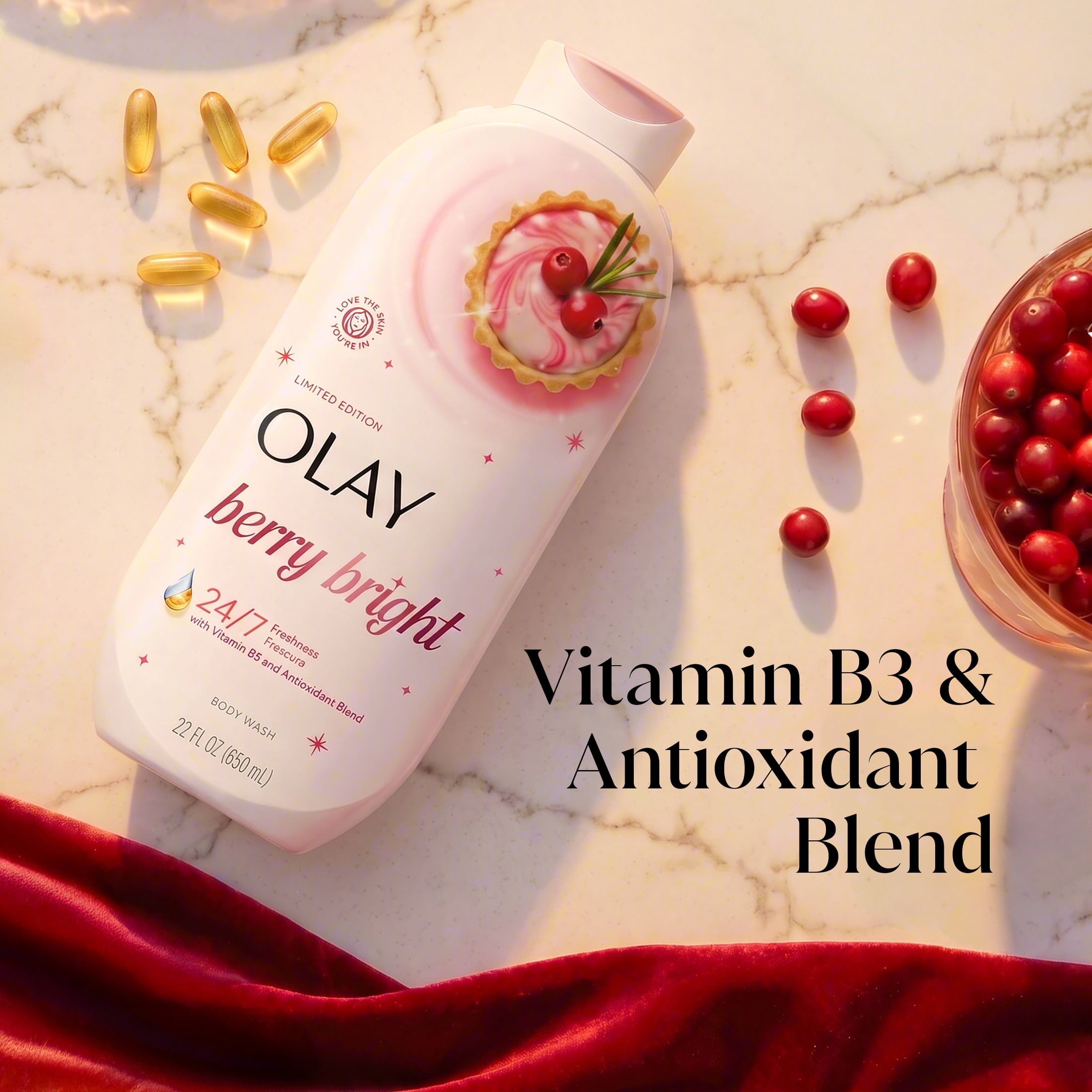 Olay Berry Bright Body Wash with Vitamin B3 and Antioxidant Blend, 24/7 Freshness, Limited Edition, 22 fl oz