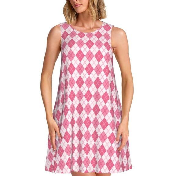 Logiee pink argyle Print Summer Dresses for Women,Beach Sleeveless Flowy Pocket Tshirt Tank Sundresses,Women's Sleeveless Dress