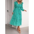 thumbnail image 3 of Floral Print Ruffle Shoulder Long Sleeve Midi Dress for Women Green Small, 3 of 5