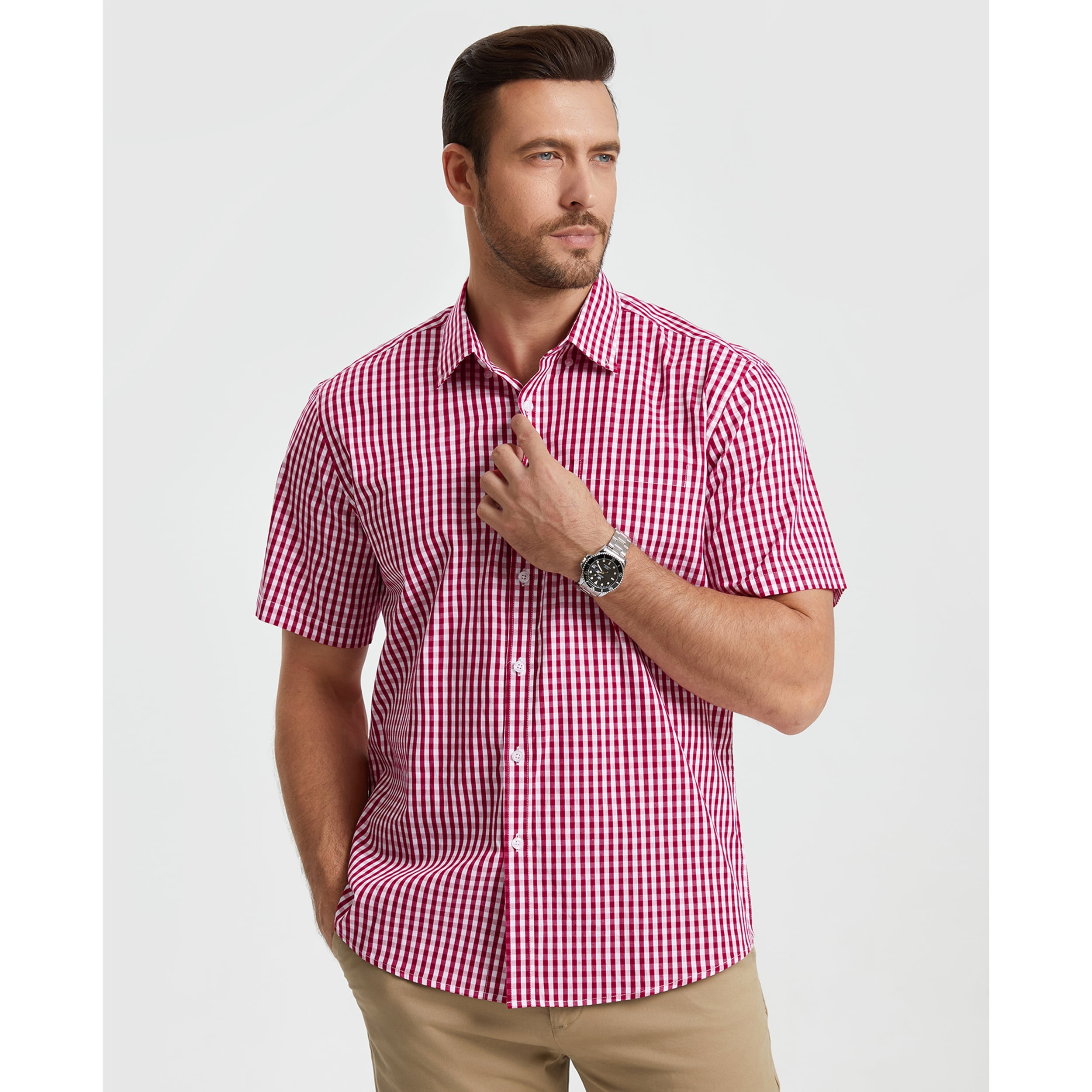 Mens Plaid Shirts Short Sleeve Summer Button Down Shirt Formal Business Work Red Shirts with Pocket