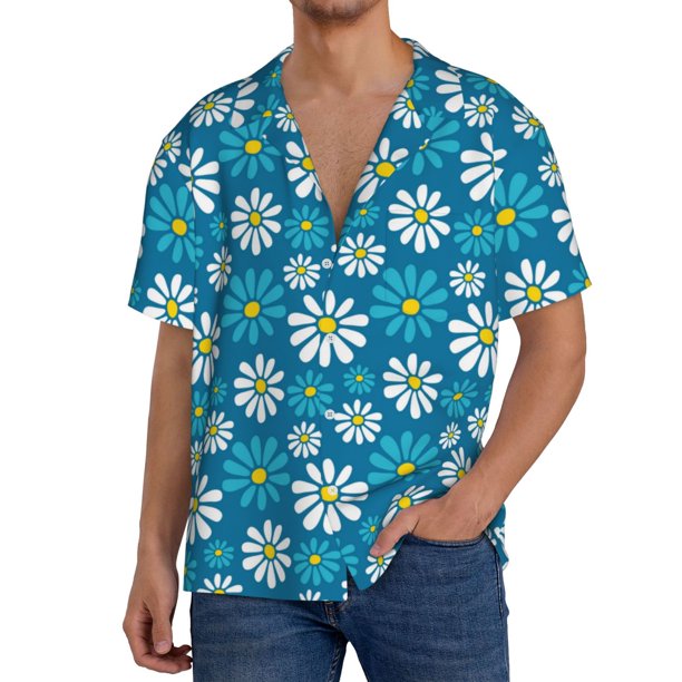 Fotbe Daisies Flowers Camisa Estampada de Manga Corta para Hombre, Casual de Verano, Estilo Playero, Sin Arrugas-Large