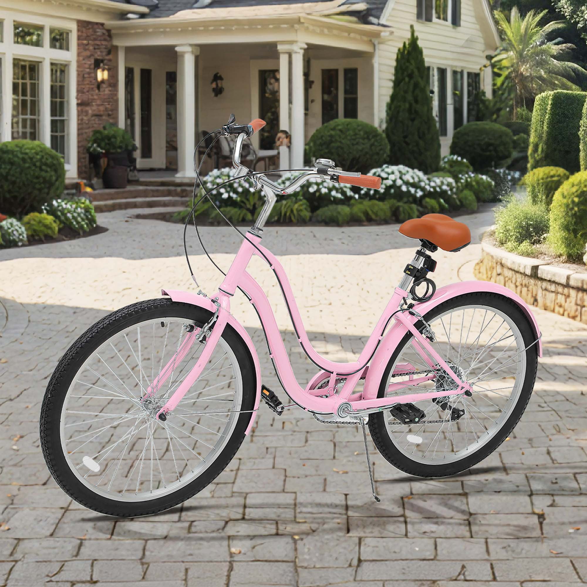 Uforic 24 Inch Beach Cruiser Bike, 7 Speed Commute Bike, Step-Through Bicycle for Adult Women & Men, Steel Frame Cruiser Bike, Pink