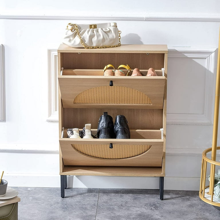 Angel Sar Rattan Shoe Cabinet with 2 Flip Drawers, Narrow Shoe Storage  Cabinet for Entryway, Slim Shoe Organizer with Metal Legs, Natural Wood