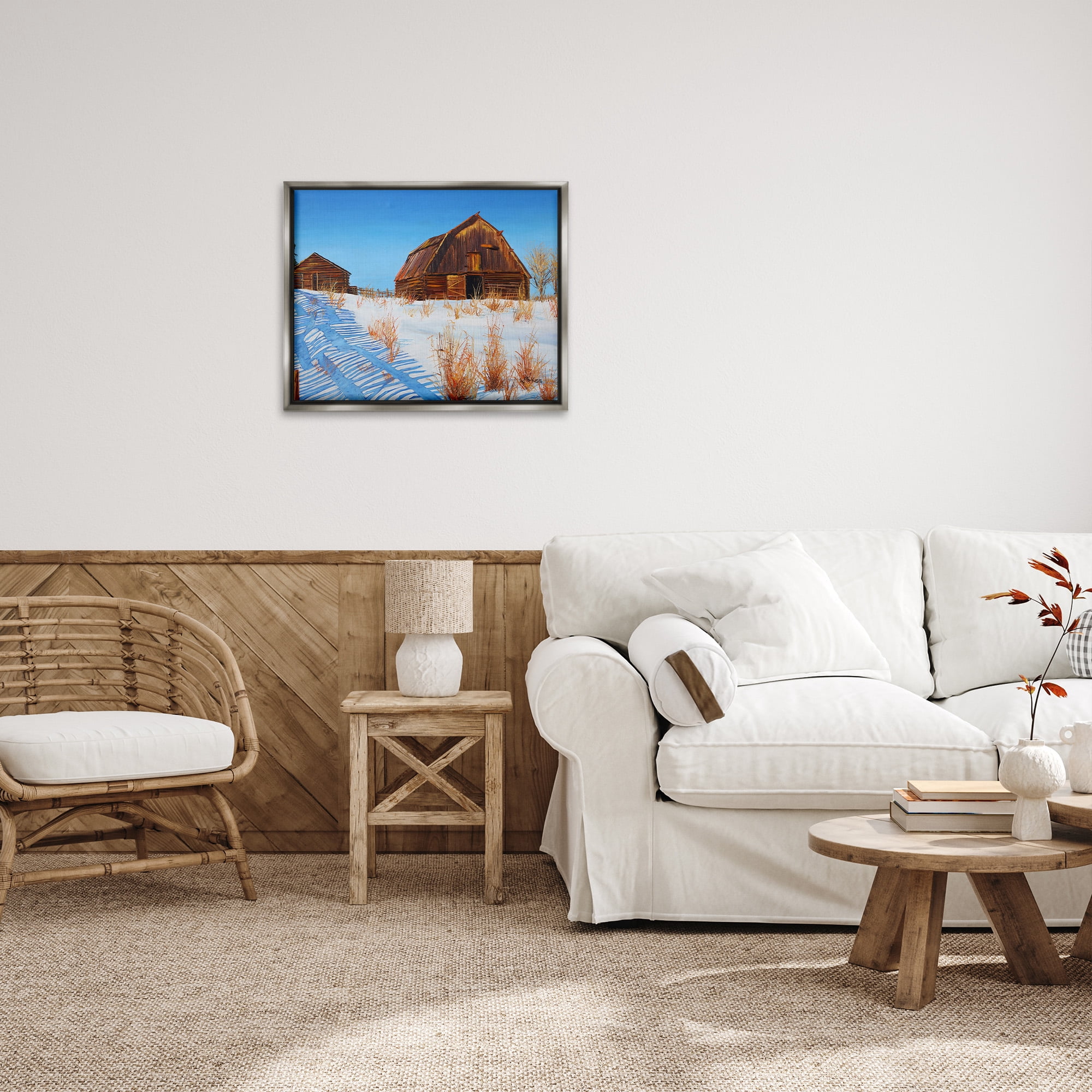 Stupell Industries Winter Country Barn Landscape Painting Gray Floater Framed Canvas Art Print Wall Art, 31 x 25
