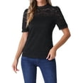 thumbnail image 1 of INSPIRAR CHIC Top de Encaje Floral para Mujeres con Cuello Mock, Manga Corta Abullonada, Blusa Elegante de Encaje, Talla M, Color Negro, 1 of 6