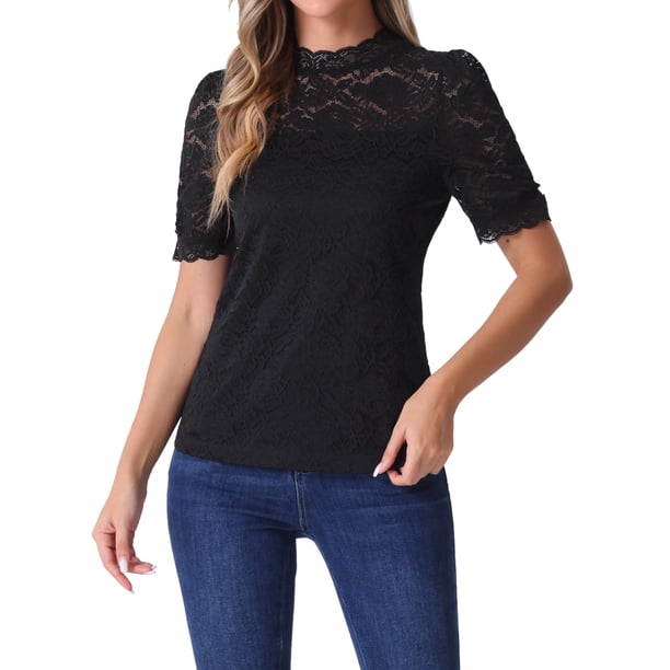 INSPIRAR CHIC Blusa de Encaje Floral con Cuello Mock y Mangas Cortas Abullonadas Elegante Tops S Negro