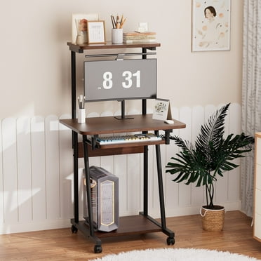 VGBYUJ Rolling Computer Desk, 3 Tier Mobile Computer Desk with Keyboard Tray & Print Shelf for Small Space, Home Office, Brown