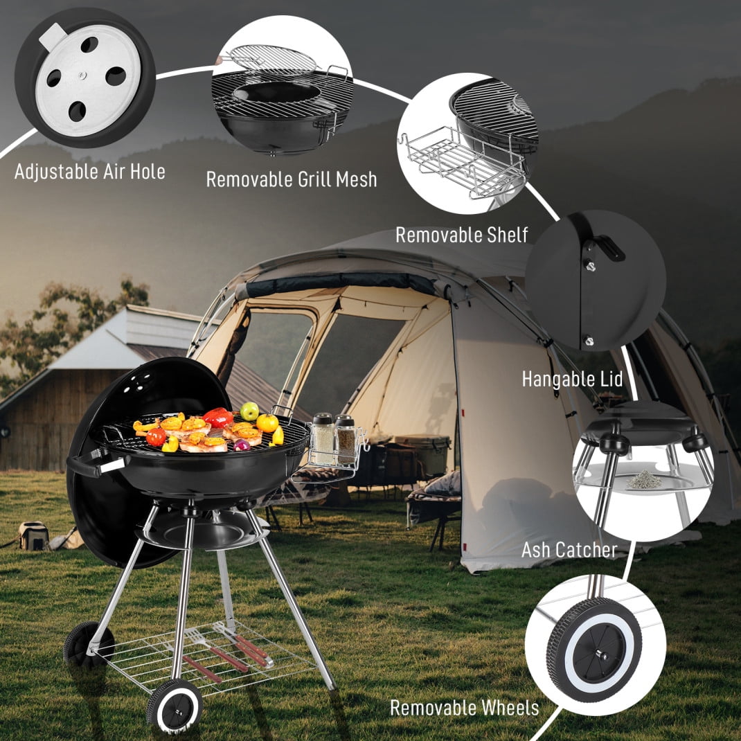 28 inch Charcoal Grill, Portable BBQ Grill with Wheels, Storage Holder, Porcelain-Enameled Lid, Ash Catcher & Thermometer, Round Barbecue Grill for Outdoor Backyard Camping