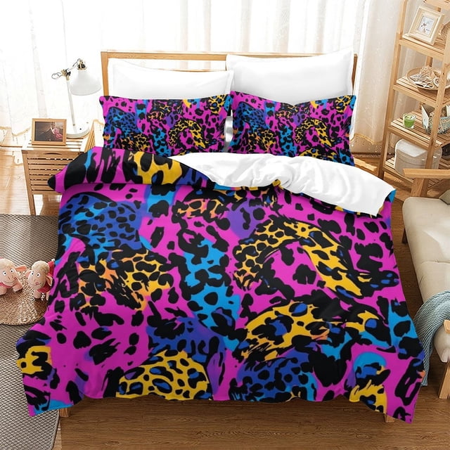 Colorful Leopard Print Duvet Cover Set Teen Adult Modern Bedding Set Bedroom Decor,Queen (90"x90")