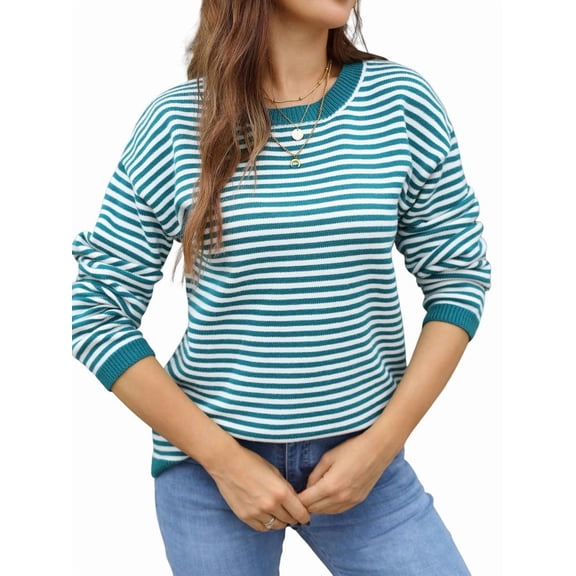 Womens Crewneck Pullover Striped Sweaters Long Sleeve Casual Winter Tops Color Block Loose Fit Warm Clothes Blue XL