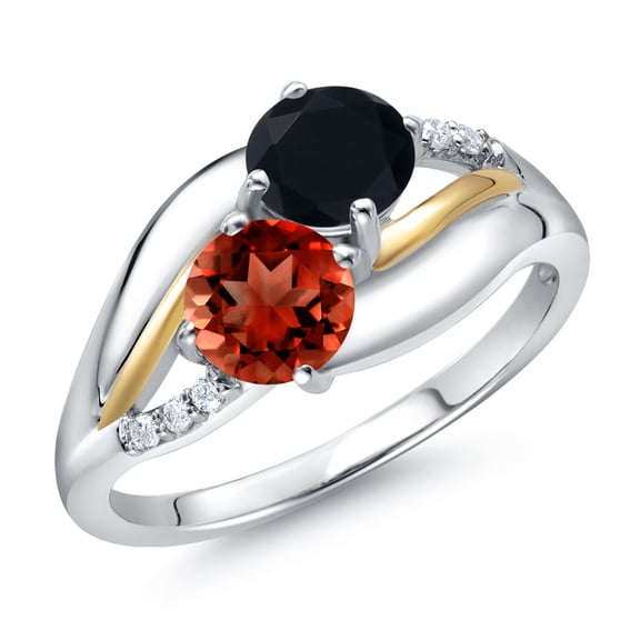 Gem Stone King 925 Sterling Silver and 10K Yellow Gold Red Garnet Black Onyx and Lab Grown Diamond 2 Stone Engagement Ring for Women (1.52 Cttw, Round 5MM, January Birthstone, Size 5)