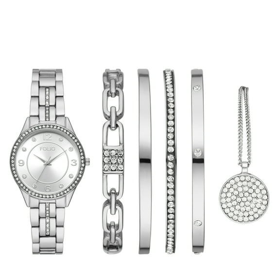 Folio Women's Three-Hand, Silver-Tone Alloy Watch and Bracelets Gift Set