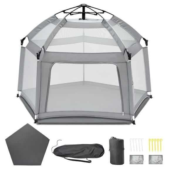 Baby Playpen with Self-Inflating Play Mat & Travel Bag, Portable Outdoor Playpen for Babies and Toddlers, Foldable Pop Up Play Tent for Home, Park, Beach and Camping (Grey)