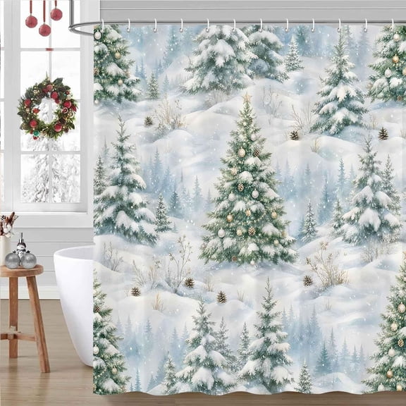 Christmas Shower Curtain Winter Snow Forest Pine Trees Waterproof Fabric Bathroom Decor with Hooks 71x71 inches
