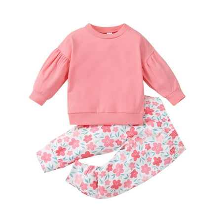 

Baby Girl s 2pcs Outfits Long Puff Sleeve Solid T-shirt Top And Floral Long Pant Clothes Set