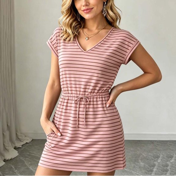 Bxsruta Womens Striped Dress V Neck Short Sleeve Casual T Shirt Dresses with Pockets