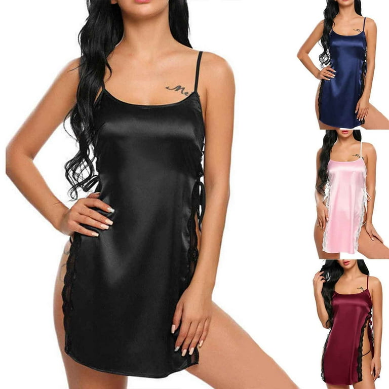 Satin Lingerie Nightgown Sexy Silk Nighty Side Slit Lace Babydoll