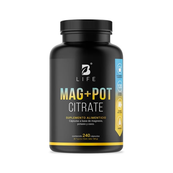 Citrato De Magnesio y Potasio | 240 Cápsulas | Adicionado Con Coco Orgánico | Mag + Pot Citrate | B Life